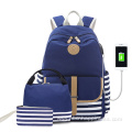 school bag navel blue vintage cotton canvas backpack